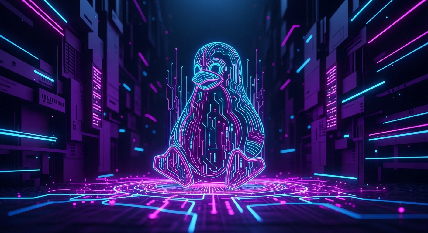 Developer workspace with multiple monitors showing Linux distros, AI code, and machine learning data visualizations